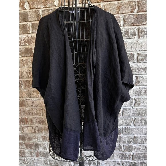 Vintage Russ Berens Mailbu USA Open Front Cape Sz L Black Linen Artsy Fe… - Picture 1 of 12
